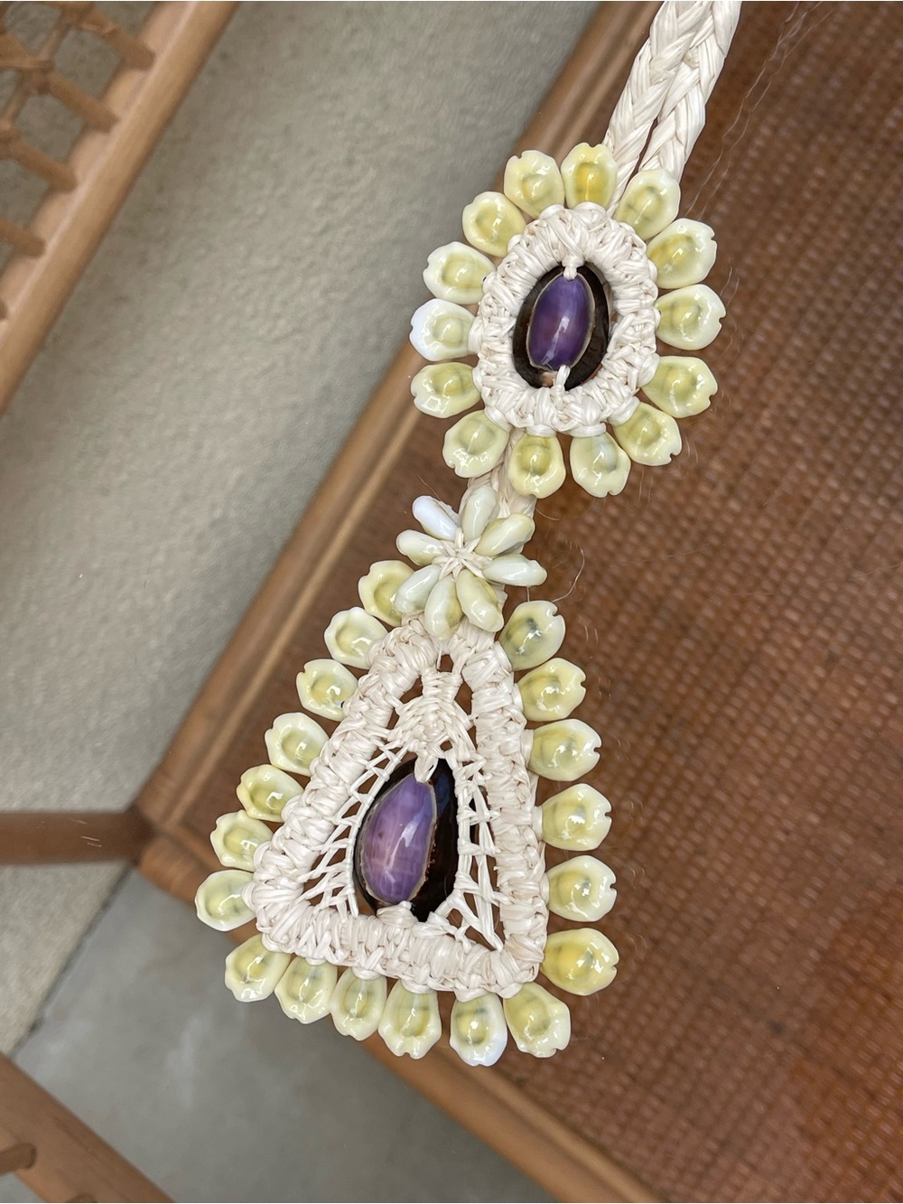Sea Shell Cowrie Conch Double Medallion Woven Straw Necklace Marshall Islands